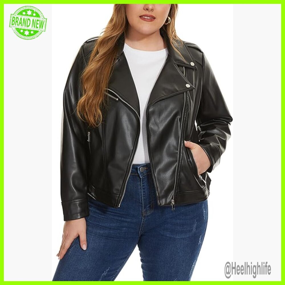 Faux Leather Moto Jacket Plus Size Zip Up Fitted Biker Coat